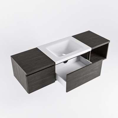 MONDIAZ BUKLA 140cm ensemble de meuble avec module ouvert 40 à droite couleur Marron Foncé avec 2 tiroirs. Lavabo CLOUD centre 0 trous de robinet couleur Talc.