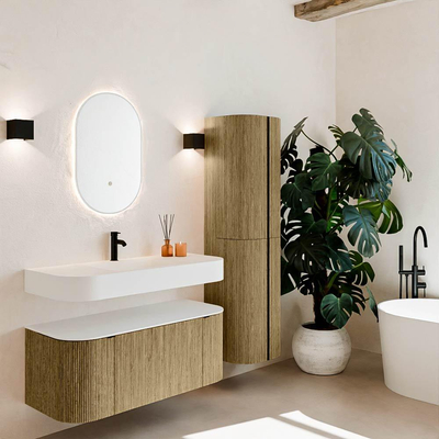 MONDIAZ THOR 110cm meuble de salle de bains arrondi gauche + droite couleur Dusk avec 1 tiroir et 2 portes. Vasque suspendue CLOUD Milieu 1 trou de robinet couleur Talc.