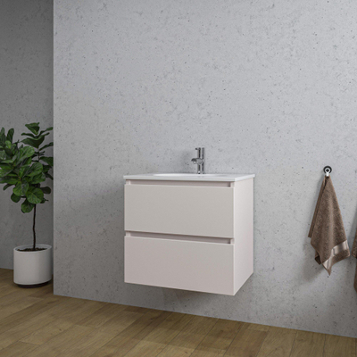 Saniclass Chaci Ensemble meuble de salle de bains - 60x46x55cm - lavabo en céramique blanc - 1 vasque ovale - 1 trou de robinet - 2 tiroirs - cotton mat (beige)