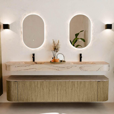 MONDIAZ THOR-DLUX 200cm meuble de salle de bains arrondi gauche + droite couleur Dusk avec 2 tiroirs et 2 portes. Vasque suspendue CLOUD Double 2 trous de robinet couleur Arena.