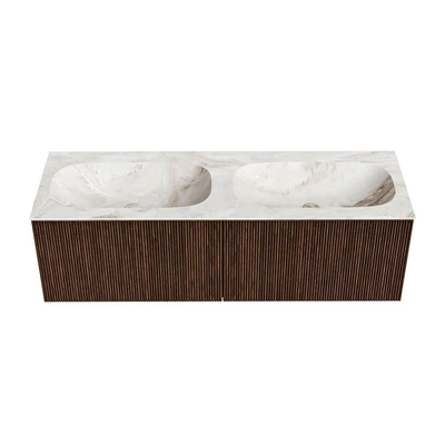 MONDIAZ KURVE-DLUX Meuble de salle de bains 140 cm couleur Walnut avec 2 tiroirs. Lavabo STOR SMALL double sans trou de robinet couleur Frappe.