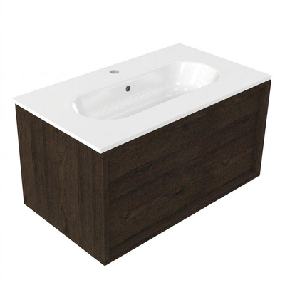 Saniclass Holz Frame Ensemble meuble de salle de bains - 80x45x53.9cm - Lavabo en céramique Chaci blanc - 1 vasque - 1 trou de robinetterie - 1 tiroir - chêne charcoal mat (bois)
