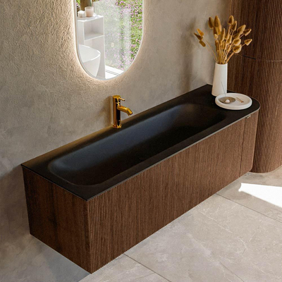 MONDIAZ KURVE 145cm badmeubel met module 25 R kleur Walnut met 1 lade en 1 deur. Wastafel BIG LARGE links 1 kraangat Urban.