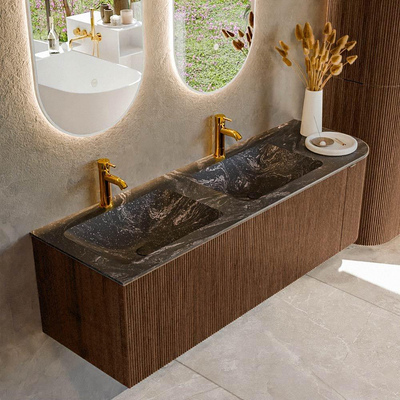 MONDIAZ KURVE-DLUX 145cm badmeubel met module 25 R kleur Walnut met 1 lade en 1 deur. Wastafel LEAF dubbel / links 2 kraangaten kleur Lava.