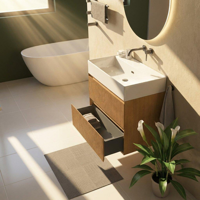 Saniclass Holz Atelier Ensemble de meubles de salle de bains - 80x45x72cm - lavabo Legend en céramique blanc - 1 vasque - sans trou de robinet - 2 tiroirs - chêne natural mat (bois)