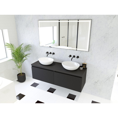 HR Matrix ensemble de meubles de salle de bain 3d 140cm 2 tiroirs sans poignée avec bandeau de poignée couleur noir mat avec plateau noir mat