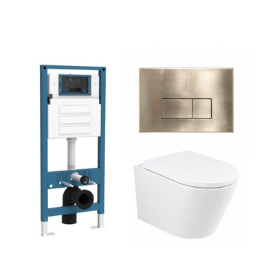 QeramiQ Dely Ensemble toilette - réservoir encastré Qeramiq Flush - abattant 35mm - plaque de commande en métal laiton brossé - boutons rectangulaires - blanc mat