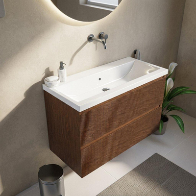 Saniclass Holz Atelier Ensemble meuble de salle de bains - 100x45x63.5cm - lavabo Bari en céramique blanc - 1 vasque - sans trou de robinetterie - 2 tiroirs - walnut pure mat (bois)