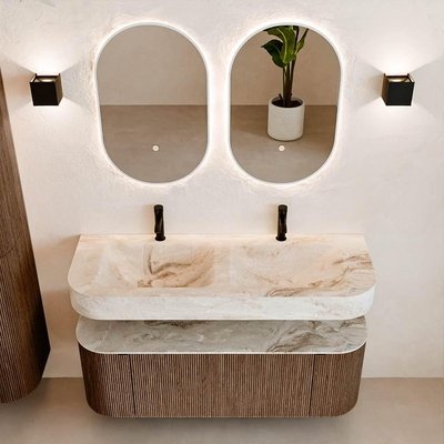 MONDIAZ THOR-DLUX 130cm meuble de salle de bains arrondi gauche + droite couleur Walnut avec 1 tiroir et 2 portes. Vasque suspendue CLOUD Double 2 trous de robinet couleur Frappe.