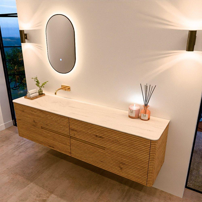Mondiaz CIRO-DLUX Ensemble de meubles de salle de bains - 190x45x50cm - Vasque en solid surface Meli - 1 lavabo à gauche - sans trous de robinet - 4 tiroirs - Chêne