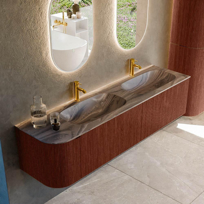 MONDIAZ KURVE-DLUX Meuble de salle de bains 175cm arrondi à gauche couleur Ruby avec 2 tiroirs et 1 porte. Lavabo STOR SMALL Double / Droite 2 trous de robinet Sombra.