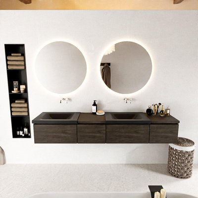 MONDIAZ BUKLA Meuble de salle de bains 200cm avec module 40 gauche couleur Dark Brown avec 4 tiroirs. Lavabo CLOUD double 0 trous de robinet couleur Urban.