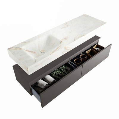 Mondiaz ALAN-DLUX Ensemble de meuble - 150cm - meuble Dark grey mat - 2 tiroirs - Lavabo Cloud Frappe suspendu - vasque Gauche - 1 trou de robinet