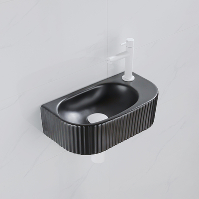 QeramiQ Fuente Ensemble de Lavabo - 40x21.5x12cm - droit - strié - demi-rond - 1 trou de robinet - céramique - ensemble de robinet blanc mat - bouchon de vidange - siphon réduit - noir mat
