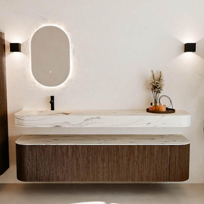 MONDIAZ THOR-DLUX 190cm badmeubel ronding links + rechts kleur Walnut met 2 lades en 2 deuren. Vrijhangende wastafel CLOUD Links 1 kraangat kleur Nata.