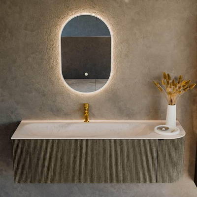 MONDIAZ KURVE-DLUX Meuble de salle de bains 145cm arrondi à droite couleur Shadow avec 1 tiroir et 1 porte. Vasque BIG LARGE gauche 1 trou de robinet Meli.