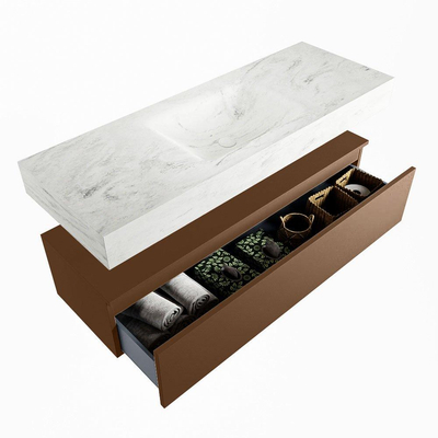Mondiaz ALAN-DLUX Ensemble de meuble - 130cm - meuble Rust mat - 1 tiroir - Lavabo Cloud Opalo suspendu - vasque Centre - 0 trous de robinet