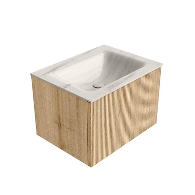 MONDIAZ KURVE-DLUX Meuble de salle de bains 60cm couleur Chêne avec 1 tiroir et 0 porte. Lavabo CLOUD Centre sans trou de robinet Meli.