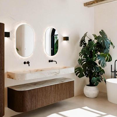 MONDIAZ THOR-DLUX 160cm meuble de salle de bains arrondi gauche + droite couleur Walnut avec 1 tiroir et 2 portes. Vasque suspendue CLOUD Double sans trou de robinet couleur Frappe.