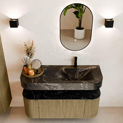 MONDIAZ THOR-DLUX Meuble de salle de bains 120cm arrondi gauche + droite couleur Dusk avec 1 tiroir et 2 portes. Vasque suspendue CLOUD Droite 1 trou de robinet couleur Lava.