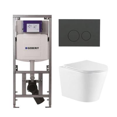 QeramiQ Dely Toiletset - 36.3x51.7cm - diepspoel - rimless - Geberit UP320 inbouwreservoir - met Burda frame - softclose toiletzitting - bedieningsplaat mat antraciet - ronde knoppen - wit glans