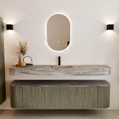 MONDIAZ THOR-DLUX Meuble de salle de bains - 180cm - arrondi gauche + droite - couleur Shadow - 2 tiroirs - 2 portes - Vasque suspendue CLOUD Milieu 1 trou de robinet couleur Oza