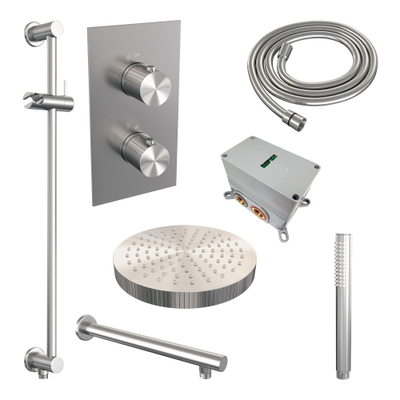 BRAUER Stripe Thermostatische Inbouw Regendouche - 3-weg - rechthoekig - SET 19 - 25cm douchekop - rechte muurarm - staaf handdouche - doucheslang - geïntegreerde glijstang - RVS-kleurig geborsteld PVD