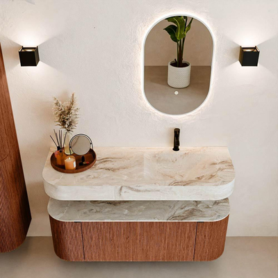 MONDIAZ THOR-DLUX 130cm meuble de salle de bains arrondi gauche + droite couleur Ruby avec 1 tiroir et 2 portes. Vasque suspendue CLOUD Droite 1 trou de robinet couleur Frappe.