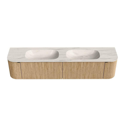 MONDIAZ KURVE-DLUX Meuble de salle de bains 200cm arrondi Gauche + Droite couleur Chêne avec 2 tiroirs et 2 portes. Lavabo STOR SMALL Double 2 trous de robinet Meli.
