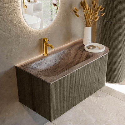 MONDIAZ KURVE-DLUX Meuble de salle de bains 95cm arrondi à droite couleur Shadow avec 1 tiroir et 1 porte. Lavabo BIG SMALL gauche 1 trou de robinet Oza.