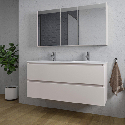 Saniclass Chaci Meuble de salle de bain - 120x46x55cm - lavabo en céramique blanc - 2 vasques - 2 trous de robinet - 2 tiroirs - armoire miroir - mat cotton (beige)