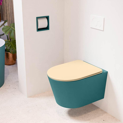 Mondiaz LAVIE hangtoilet – spoelrandloos – 36 x 53 cm – met softclose zitting – Smag (groen), zitting Sand (beige)
