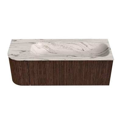 MONDIAZ KURVE-DLUX 125cm badmeubel ronding Links kleur Walnut met 1 lade en 1 deur. Wastafel BIG MEDIUM Rechts 1 kraangat Nata.