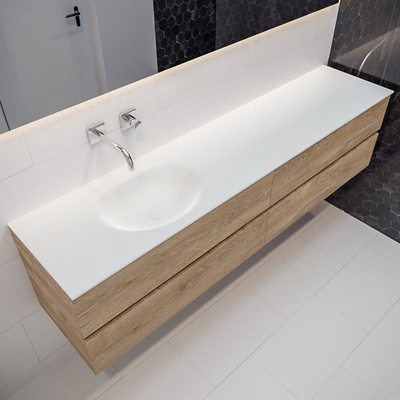 Mondiaz VICA ensemble de meuble de salle de bain - 200cm - meuble sous-vasque chêne blanchi - 4 tiroirs - lavabo Moon gauche - sans trous de robinet - miroir LED - version XL 60cm de haut