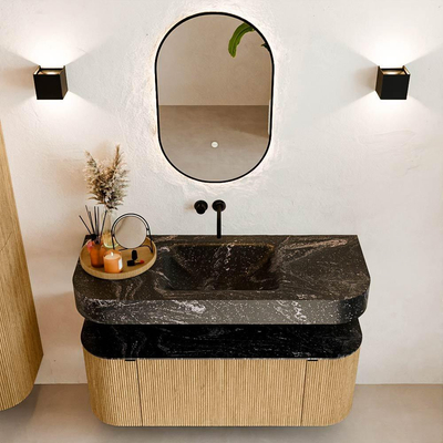 MONDIAZ THOR-DLUX 120cm meuble de salle de bains arrondi gauche + droite couleur Oak avec 1 tiroir et 2 portes. Vasque suspendue CLOUD Milieu sans trou de robinet couleur Lava.