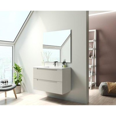 Saniclass Prime Balance Meuble de salle de bain - 80x55x45cm - 1 vasque ovale en céramique blanc - 1 trou de robinet - 2 tiroirs - miroir rectangulaire - mat cotton (beige)