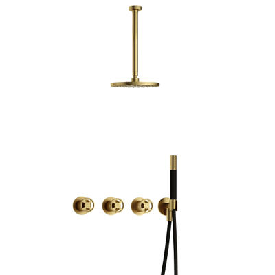 Hotbath Cobber IBSW70 Regendoucheset inbouw - 30cm plafondarm - 20cm ronde hoofddouche - staafhanddouche - Geborsteld messing PVD