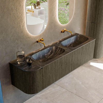 Ensemble de meuble de salle de bain Mondiaz KURVE-DLUX - 165x46x40cm - 2 tiroirs - 1 porte - lavabo en solid surface - double / droite - sans trou de robinet - Shadow