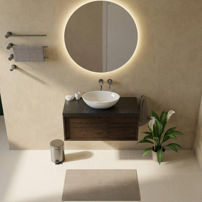 Saniclass Holz Frame Ensemble meuble de salle de bains - 100x45x43cm - plan vasque en basalte Noche poli (noir) - sans trou de robinetterie - 1 tiroir - chêne charcoal mat (bois)