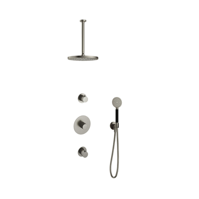 Hotbath Cobber IBS20 Ensemble de douche de pluie encastré - bras de plafond 30 cm - douche de tête ronde 30 cm - douchette 3 jets - nickel brossé