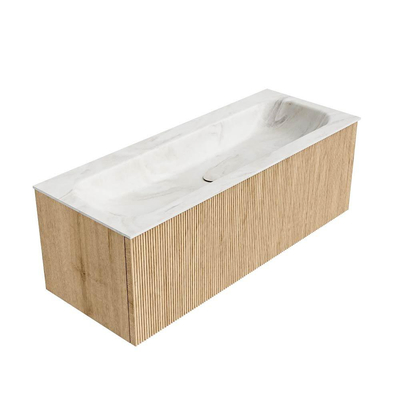 MONDIAZ KURVE-DLUX Meuble de salle de bains 120 cm couleur Oak avec 1 tiroir. Lavabo BIG LARGE central sans trou de robinet couleur Ostra.