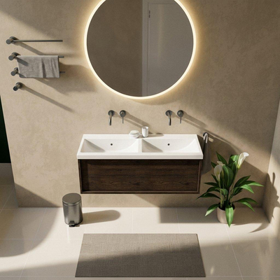Saniclass Holz Frame Ensemble meuble de salle de bains - 120x45x43.5cm - Bari lavabo en céramique blanc - 2 vasques - sans trous de robinetterie - 1 tiroir - chêne charcoal mat (bois)