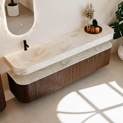 MONDIAZ THOR-DLUX 200cm meuble de salle de bains arrondi gauche + droite couleur Walnut avec 2 tiroirs et 2 portes. Vasque suspendue CLOUD Gauche 1 trou de robinet couleur Ostra.