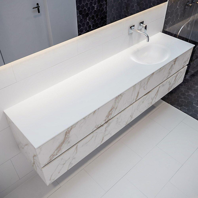 ENSEMBLE DE MEUBLE MONDIAZ VICA - 200 cm - 4 tiroirs - lavabo Moon à droite - 0 trous de robinet - solid surface marbre carrara