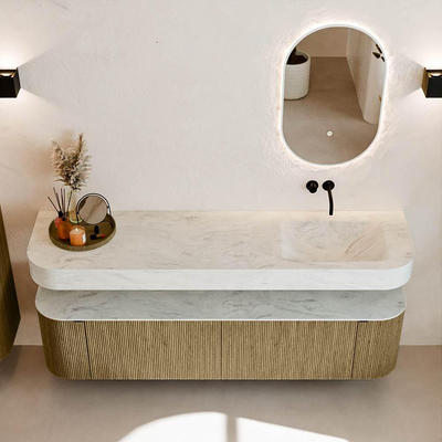 MONDIAZ THOR-DLUX Meuble de salle de bains - 180cm - arrondi gauche + droite - couleur Dusk - 2 tiroirs - 2 portes - Vasque suspendue CLOUD droite sans trou de robinet - couleur Opalo