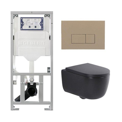 QeramiQ Dely Swirl Pack WC suspendu - 36.3x51.7cm - bâti-support Geberit UP320 - abattant 35mm - plaque de commande taupe - boutons rectangulaires - noir mat