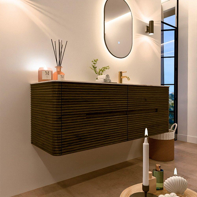 Mondiaz CIRO-DLUX Ensemble de meubles de salle de bains - 140x45x50cm - Plan vasque solid surface Ostra - 1 lavabo à droite - 1 trou de robinet - 4 tiroirs - Shadow