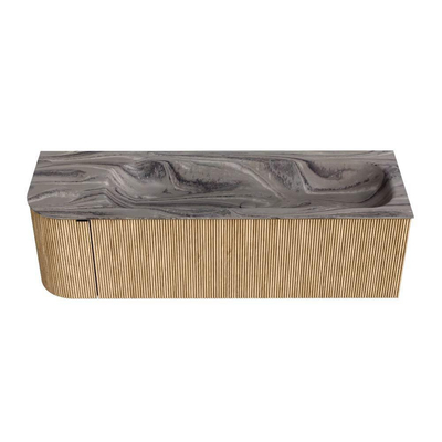 MONDIAZ KURVE-DLUX 145cm badmeubel ronding Links kleur Oak met 1 lade en 1 deur. Wastafel BIG LARGE Rechts 1 kraangat Sombra.