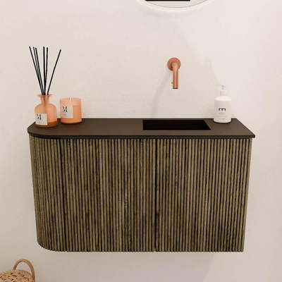 Mondiaz JOYA 71.6cm meuble de salle de bains - arrondi gauche couleur Dusk - Vasque FAYE position Droite Sans trou de robinet couleur Urban.