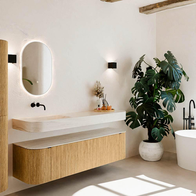 MONDIAZ THOR-DLUX 170cm meuble de salle de bains arrondi gauche + droite couleur Oak avec 1 tiroir et 2 portes. Vasque suspendue CLOUD gauche sans trou de robinet couleur Meli.